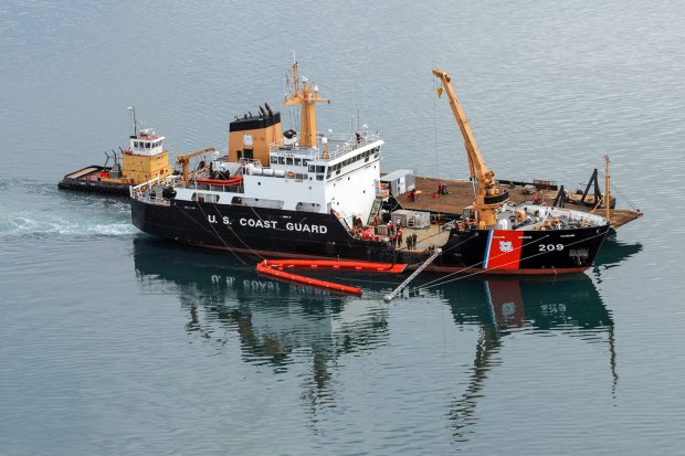 Coast Guard Cutter Sycamore crewmembers test the vessel's Spilled Oil Recovery System (SORS) near Barrow, Alaska. July 31, 2012. (Kelly Parker / USCG)