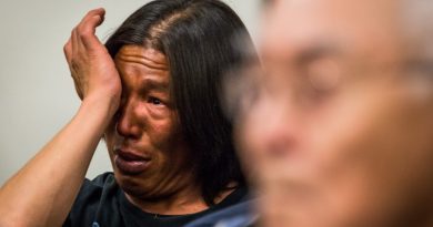 A defendant wipes away tears after listening to testimony by elder Noah Okoviak. Both were cited after defying an emergency closure last summer. May 20, 2013. (Loren Holmes / Alaska Dispatch)