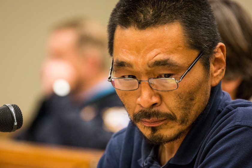 Sammy Jackson I, during his trial in a Bethel courtroom. Mr. Jackson and his father, Sammy Jackson II, were both cited for subsistence fishing for king salmon during an emergency closure last June. (Loren Holmes, Alaska Dispatch)
