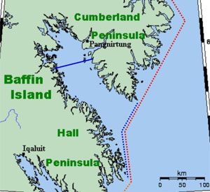 The current boundary extends to the solid blue line. Fishermen hope the line will be extended to include all of Cumberland Sound – right up to the blue dotted line. (Government of Nunavut)