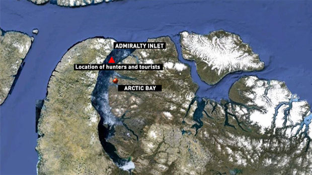 Two groups, hunters and tourists, were stranded on two ice floes in Admiralty Inlet near Arctic Bay, Nunavut. The hunters have returned safely to shore. The tourists were to be picked up later Wednesday. (CBC)