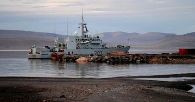 The HMCS Goose Bay is moored at the future site of the Nanisivik Naval Facility during the 2010 military Operation Nanook. The federal government recently issued a "Request for Qualifications" — the first step in the tendering process. (Canadian Press)