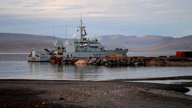 The HMCS Goose Bay is moored at the future site of the Nanisivik Naval Facility during the 2010 military Operation Nanook. The federal government recently issued a "Request for Qualifications" — the first step in the tendering process. (Canadian Press)