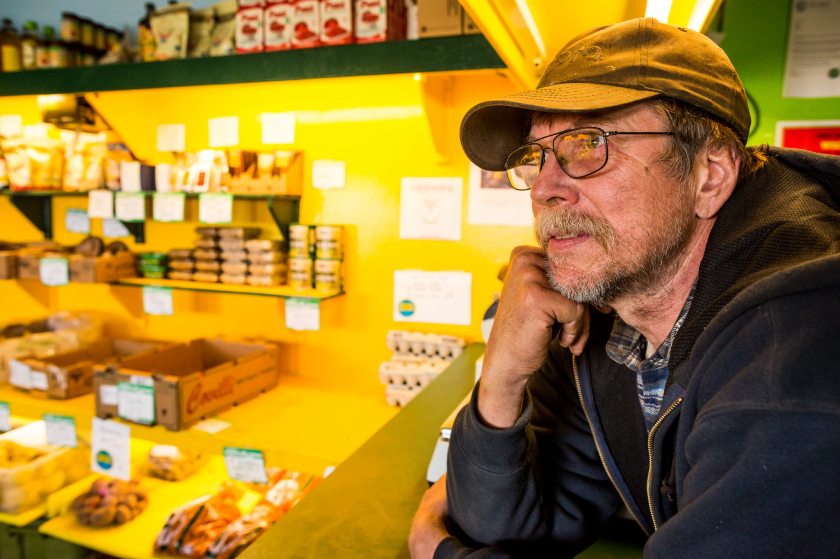 Tim Meyers inside his roadside market in Bethel. May 22, 2013 (Loren Holmes, Alaska Dispatch)