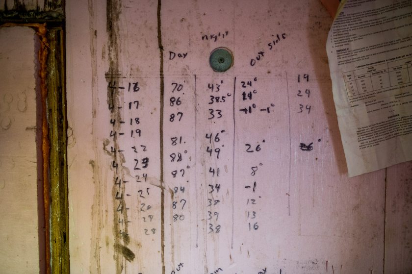 A chart keeps track of the outside and inside temperature at Meyers Farm in Bethel. On days when it is 1 below outside, it is 84 inside. May 22, 2013. (Loren Holmes, Alaska Dispatch)