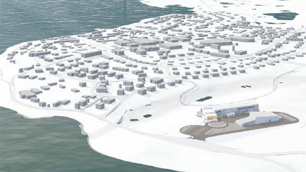 The CHARS site will be located on the outskirts of the community of Cambridge Bay, Nunavut. It will be one of the largest buildings in the territory. (FGMDA/NFOE Architects)