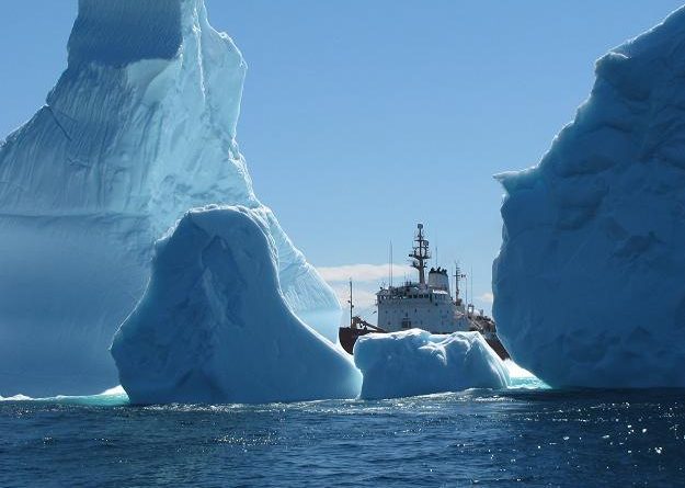 An iceberg cluster surrounds the Canadian Coast Guard Ship Ann Harvey on Saturday, June 8, 2013 about 60 nautical miles east of Makkovik, Labrador. The coast guard says the largest iceberg cluster it has seen in recent years is drifting south off Labrador near the Strait of Belle Isle. (Canadian Coast Guard / The Canadian Press)