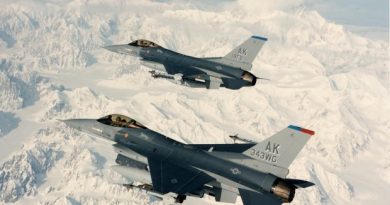Two F-16 from Eielson Air Force Base near Fairbanks on a training flight. (National Air and Space Museum, Smithsonian Institution / Alaska Dispatch)