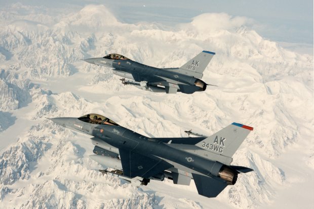 Two F-16 from Eielson Air Force Base near Fairbanks on a training flight. (National Air and Space Museum, Smithsonian Institution / Alaska Dispatch)