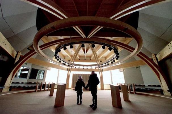 The Nunavut legislative building in Iqaluit, Nunavut, Canada, on April 1, 1999. The chamber's ceiling represents an igloo and the seating is made from seal skins. Nunavut officially became Canada's newest territory April. 1, 1999. Nunavut is the product of the largest land claim settlement in Canada's history. (CP PHOTO/Kevin Frayer)
