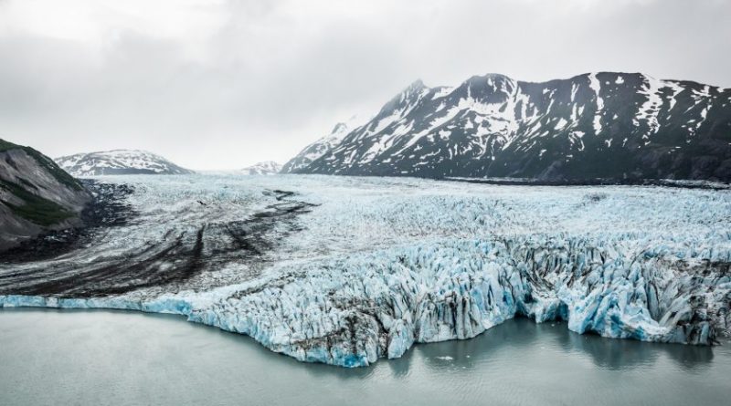 Colony Glacier, emptying into Lake George, is the site of a salvage operation underway by the Air Force. They are recovering the remains of a C-124 airplane that crashed in 1952. (Loren Holmes / Alaska Dispatch)