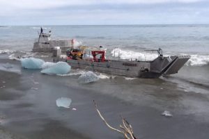 The 77-foot vessel ran into trouble after encountering heavy waves and an especially high tide, causing it to crash into floating river ice from Alaska's Seal River. (USCG)
