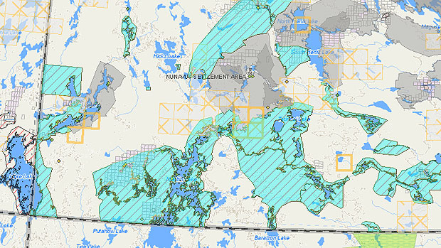 Some of the land parcels in question (in blue) border Manitoba and Saskatchewan. (Aboriginal Affairs and Northern Development Canada)