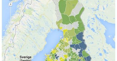 A map showing the proportion of Russian-speaking inhabitants in Finnish municipalities at the end of 2012. (Yle News / Google)