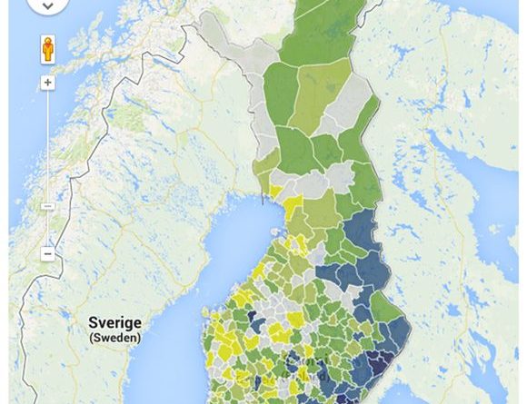 A map showing the proportion of Russian-speaking inhabitants in Finnish municipalities at the end of 2012. (Yle News / Google)