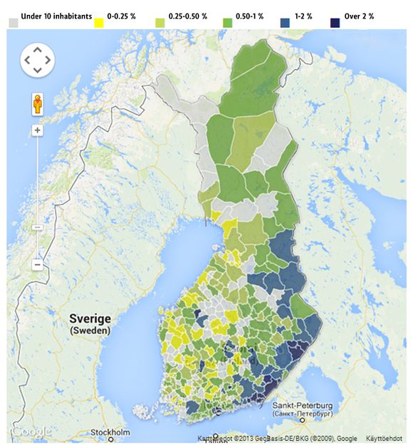 A map showing the proportion of Russian-speaking inhabitants in Finnish municipalities at the end of 2012. (Yle News / Google)