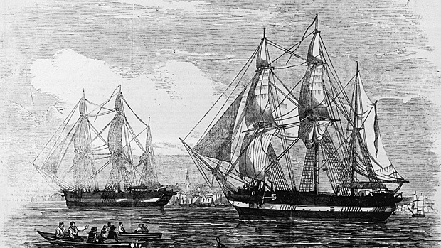 Searchers in the Canadian Arctic this summer will try again to find the lost vessels HMS Erebus and HMS Terror, shown in an illustration from the Illustrated London News published on May 24, 1845. (Illustrated London News/Getty Images)