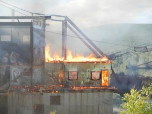 The historic Gold Dredge No. 3 caught fire on Saturday, Aug.3, 2013. Co-owners Jane Haigh and Patricia Peirsol bought the site in 1997 to preserve the dredge. (Courtesy Heather Moritz / Alaska Dispatch)