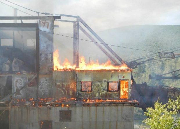The historic Gold Dredge No. 3 caught fire on Saturday, Aug.3, 2013. Co-owners Jane Haigh and Patricia Peirsol bought the site in 1997 to preserve the dredge. (Courtesy Heather Moritz / Alaska Dispatch)