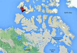 This map shows the location of the crash, about 600 kilometres west of Resolute, in the Northwest Passage north of Banks Island. (CBC)