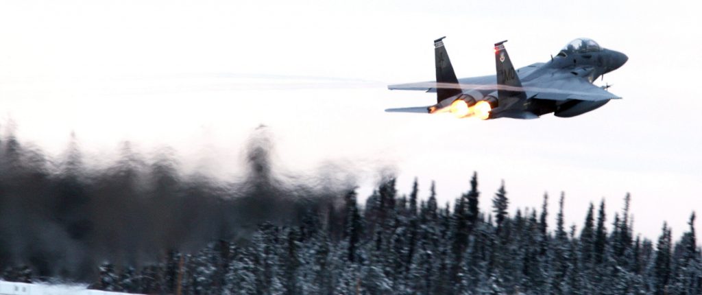 An F-15 takes off at Eielson Air Force Base, Alaska on October 18, 2012. (Eric Engman / Fairbanks Daily News-Miner / AP)