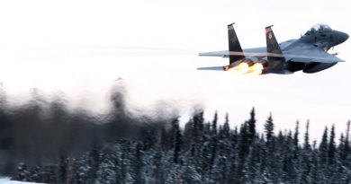 An F-15 takes off at Eielson Air Force Base, Alaska on October 18, 2012. (Eric Engman / Fairbanks Daily News-Miner / AP)