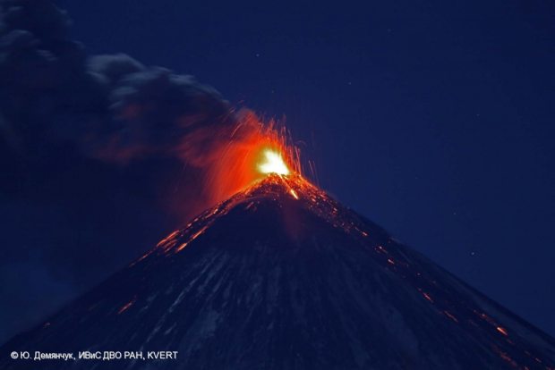 The Kluchevskoy volcano on Oct. 19, 2013. All told, seven volcanoes were listed as “active or restless” on Russia's Kamchatka Peninsula and Northern Kuriles Islands on Sunday. (Courtesy Demyanchuk Yu, IVS FEB RAS, KVERT / Alaska Dispatch)