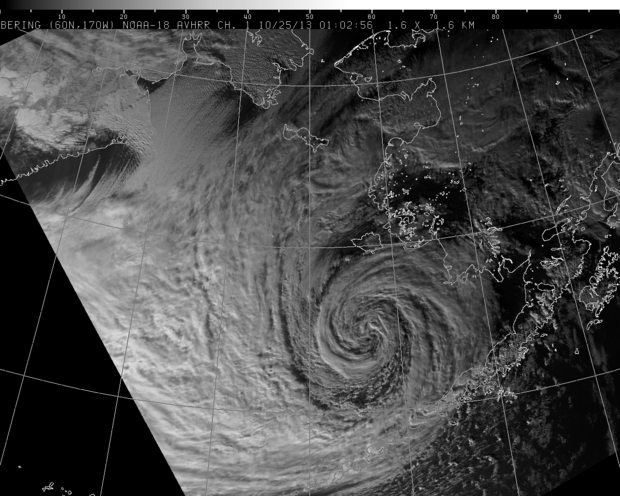 A strong extratropical cyclone has spread weather warnings around Southwest Alaska and the Bering Sea. NOAA satellite image