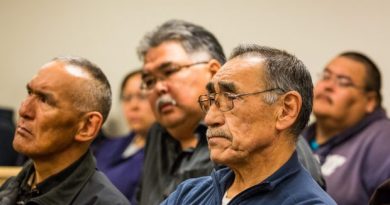 Fishermen and supporters listen to testimony during the fish trials of Yup'ik subsistence fishermen in Bethel in May of 2013. (Loren Holmes / Alaska Dispatch)