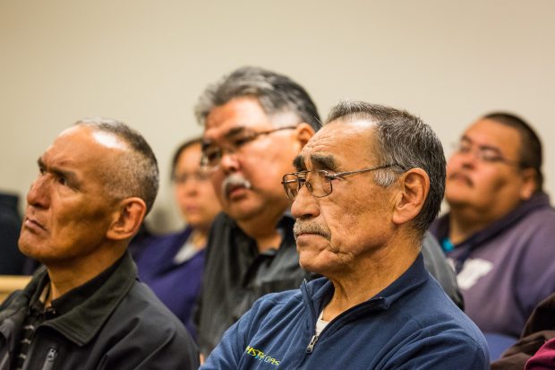 Fishermen and supporters listen to testimony during the fish trials of Yup'ik subsistence fishermen in Bethel in May of 2013. (Loren Holmes / Alaska Dispatch)