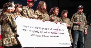 Young members of the Tanana 4-H Youth Group speak out against suicide at the 2013 AFN meeting in Fairbanks. Oct 22, 2013. (Dermot Cole / Alaska Dispatch)