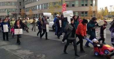 Several dozen people attended the event to protest fracking in Yellowknife (Alyssa Mosher/CBC)