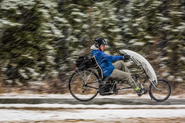 Commuters battled snowfall during Anchorage's Bike-To-Work Day in mid-May. But by October, temperatures were far warmer than normal in Alaska's largest city and throughout the state. Loren Holmes photo