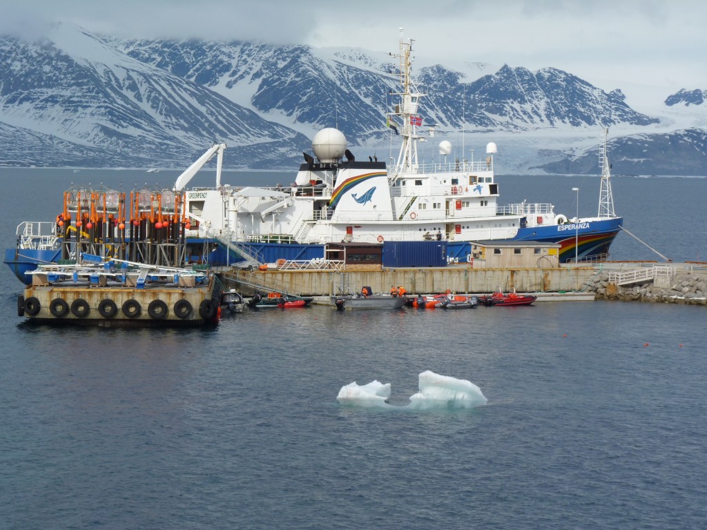 In 2010 I watched the start of the first in situ ocean acidification experiments off the coast at Ny Alesund, Spitsbergen, as part of the EU’s EPOCA project. Mesocosms, or giant test-tubes, were being taken out to sea by the Greenpeace ship the Esperanza. (Irene Quaile)