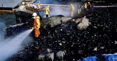 Spill workers hose a beach down after a Corexit oil dispersant test in the wake of the Exxon Valdez spill. (Courtesy Alaska State Archives / Alaska Dispatch)