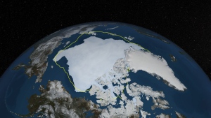 Arctic sea ice has been tracked using satellites since 1979. Here is a depiction, based on satellite data, of Arctic sea ice on Sept. 12, 2013, the day before the U.S. National Snow and Ice Data Center estimated sea ice extent hit its annual minimum, with a line showing the 30-year average minimum extent in yellow. (NASA Goddard's Scientific Visualization Studio/Cindy Starr)
