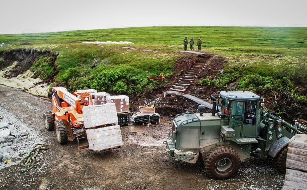 An Army Reserve crew off-loads in Mertarvik, where Newtok is moving to higher ground. Capt. Christopher Larsen / US Army