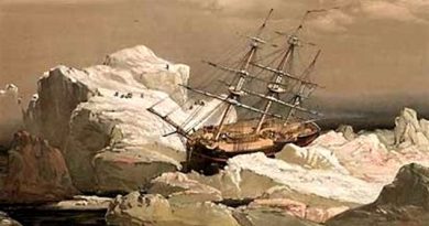 1851 painting of HMS Investigator trapped in ice, some 850 km north of the Arctic Circle (Samuel Gurney Cresswell)