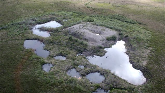 Leaching is coming from waste piles called sumps, which were frozen into the permafrost during oil and gas exploration work. (Queen's University)