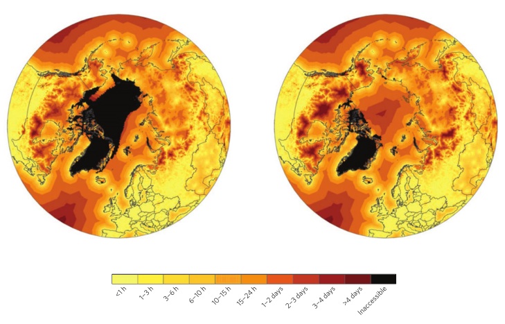 L: 2000-2014; R: 2045-2059. Darker colors represent longer travel time; notice more darker colors on land by mid-century. From S. Stephenson, L.C. Smith, J.A. Agnew, “Divergent long-term trajectories of human access to the Arctic,” Nature Climate Change 1/3 (2011).