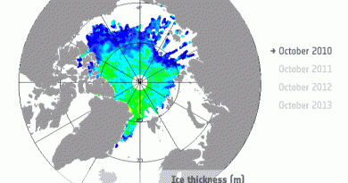 Arctic sea-ice thickness in October 2010, 2011, 2012 and 2013 based on data from ESA’s CryoSat mission (UCL/ESA)