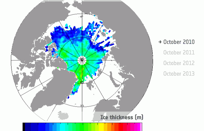 Arctic sea-ice thickness in October 2010, 2011, 2012 and 2013 based on data from ESA’s CryoSat mission (UCL/ESA)