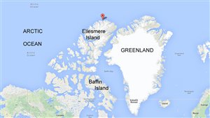 The red balloon indicates Ward Hunt Island in Canada's Far North. (RCI-Google)