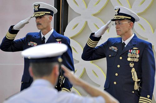 United States Coast Guard Seventeenth District Rear Admiral Thomas P. Ostebo, left with Captain Carl J. Uchytil in May 2011. (Klas Stolpe / Juneau Empire / AP)