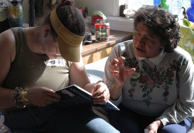 Language student Roby Littlefield with fluent Tlingit speaker Bessie Cooley at the Sealaska Heritage Institute's 2003 immersion camp in Sitka, Alaska. (Courtesy Sealaska Heritage Institute / Alaska Dispatch)