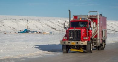 A Cruz Construction mechanics' truck leaves an exploration rig in Umiat, Alaska, via an ice road on March 8, 2013. (Courtesy Stephen Nowers / Cruz Construction / Alaska Dispatch)
