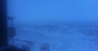 The view this morning from Iqaluit's plateau subdivision. Strong winds and blowing snow continue this morning after a violent overnight storm with winds gusting to 141 km/h. Winds are expected to ease towards noon. (Anubha Momin)