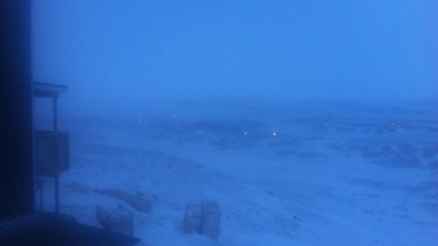 The view this morning from Iqaluit's plateau subdivision. Strong winds and blowing snow continue this morning after a violent overnight storm with winds gusting to 141 km/h. Winds are expected to ease towards noon. (Anubha Momin)