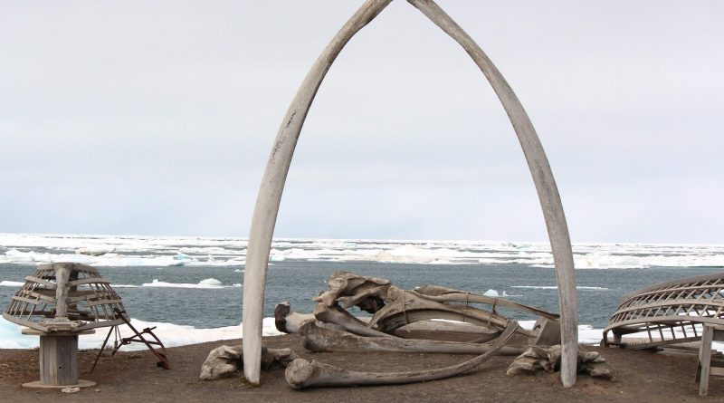 A whalebone arch sits on the Barrow, Alaska shoreline. (Nicole Klauss / Kodiak Daily Mirror / AP)