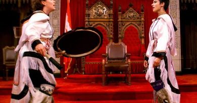 Inuit cultural performers Sylvia Ipirautaq Cloutier (left) and and Eva Sowdluapik practice their throat singing performance in the Senate chamber on Parliament Hill in Ottawa, Canada. (Tom Hanson / The Canadian Press)